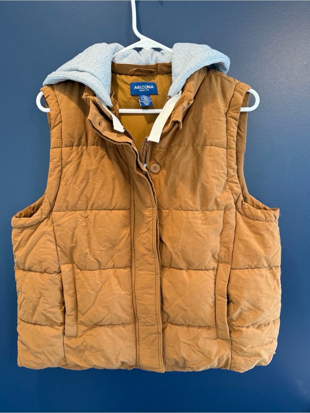 Women’s Arizona Jean Company Cognac Quilted Vest with Gray Hood